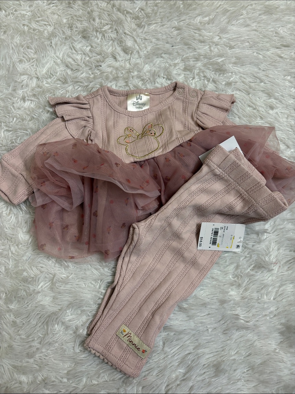 NWT Disney Minnie Mouse Long Sleeve Ruffle Pink Two Piece Set Size 0-3M